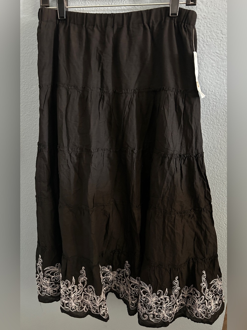 Metro Wear Black Tiered Maxi Skirt with White Embroidered Hemline Size M
